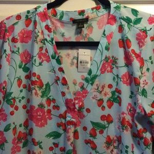 Ann Taylor mixed media long sleeve v-neck Strawberry print top